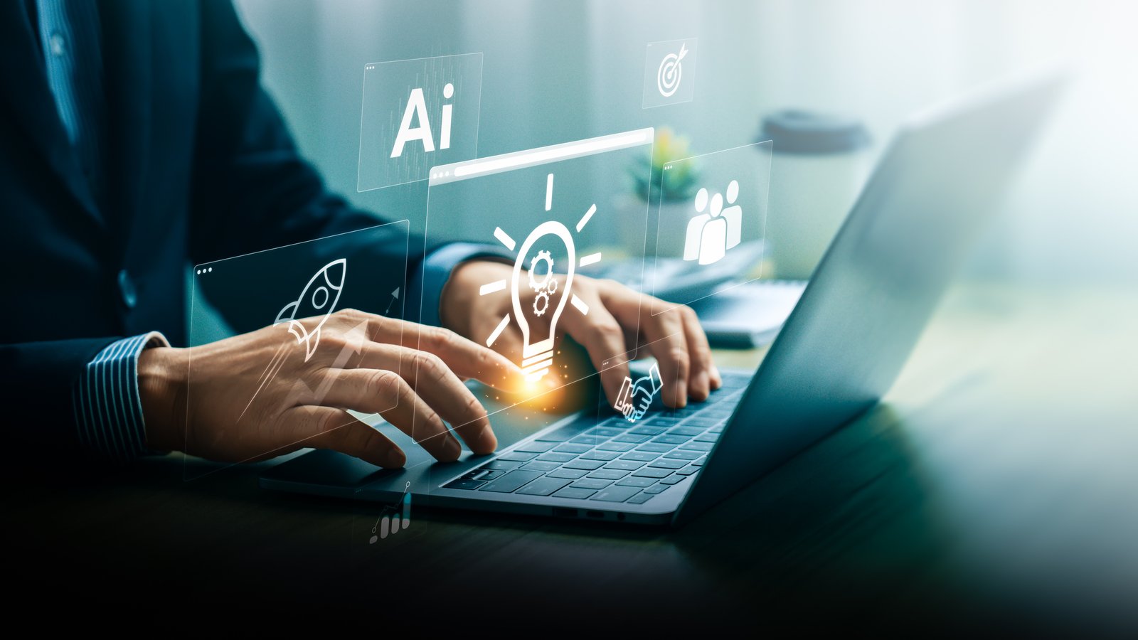 Innovation and Idea Concept Depicted Through Digital Icons Including AI, Lightbulb, and Rocket Symbolizing Creativity, Business Solutions, and Future Growth Strategies in Technological Environment